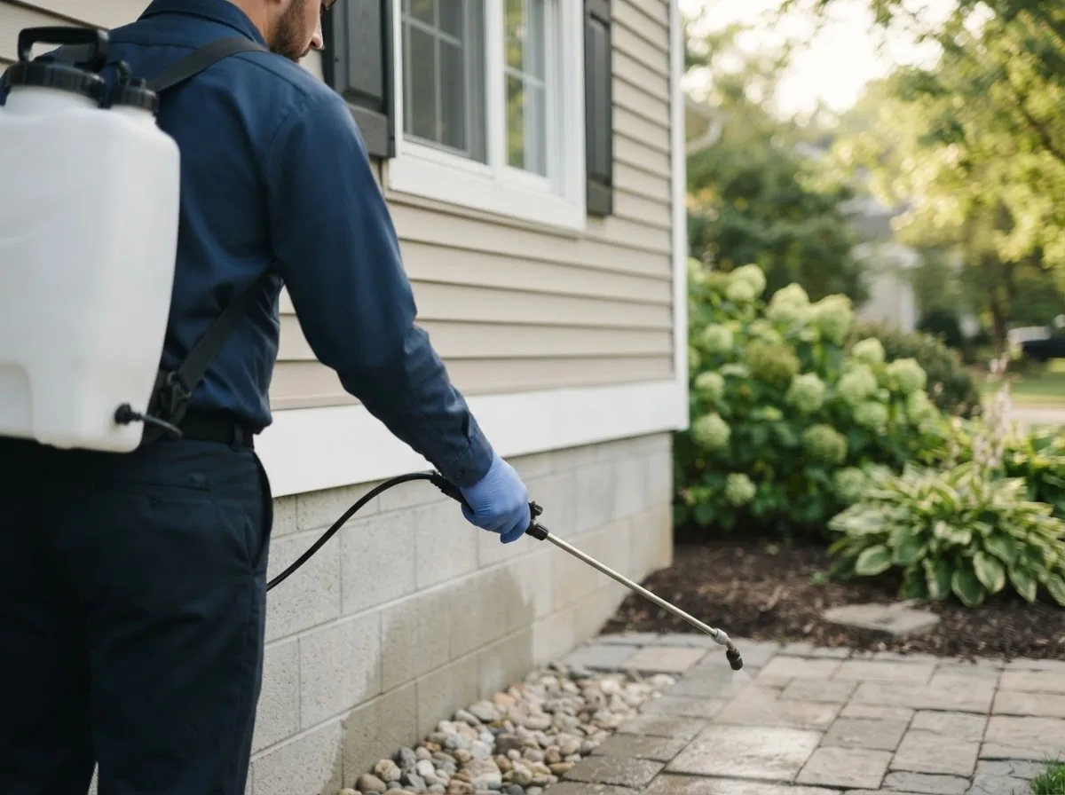 Pest control technician inspecting a home in Shabbona, IL